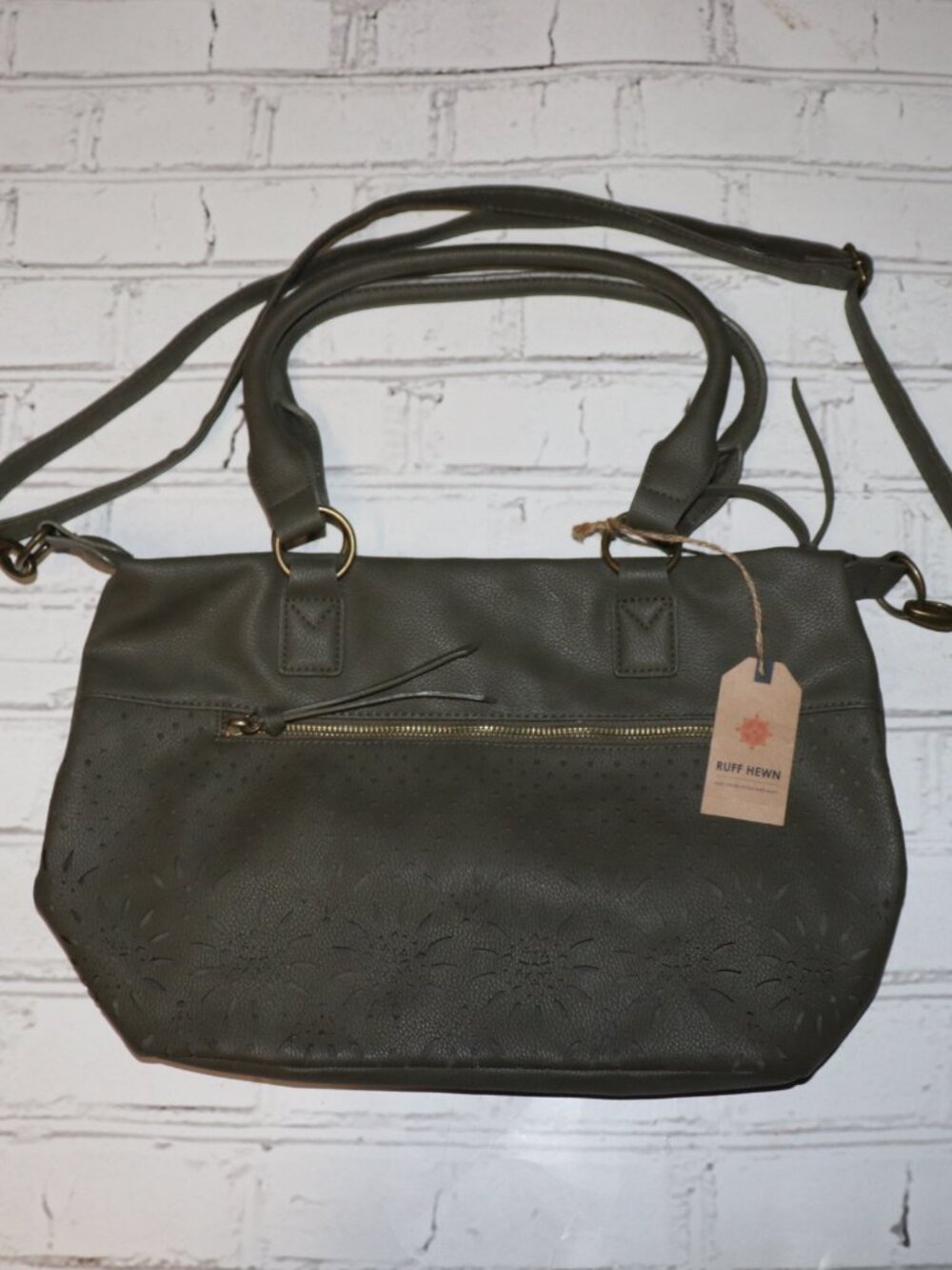 Olive Green Ruff Hewn Handbag · NWT Soft neutral tone · Floral cutout detail